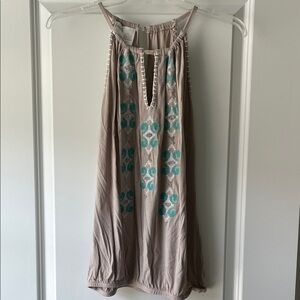 INC International Concepts Tan Blouse with Teal Embroidery